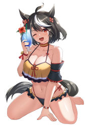 Rule 34 | 1girl, ;d, animal ears, black hair, breasts, cleavage, cup, holding, holding cup, horse ears, horse girl, kitasan black (umamusume), large breasts, multicolored hair, one eye closed, open mouth, red eyes, short hair, simple background, smile, solo, streaked hair, umamusume, vococo, white background, white hair