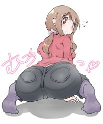 Rule 34 | 1girl, artist request, ass, blush, brown eyes, brown hair, denim, from behind, highres, huge ass, jeans, light smile, long hair, looking back, matsumoto yoriko, pants, ponytail, simple background, sitting, smile, solo, translation request, wariza, white background, yuyushiki