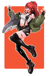 Rule 34 | 1girl, :d, absurdres, bandeau, bare shoulders, black footwear, black gloves, black hair, black shorts, black thighhighs, boots, breasts, fingerless gloves, full body, gloves, green jacket, highres, jacket, knew nothing, lain paterson, lain paterson (1st costume), large breasts, long hair, long sleeves, looking at viewer, midriff, multicolored hair, navel, nijisanji, off shoulder, open clothes, open jacket, open mouth, ponytail, pouch, purple eyes, red hair, short shorts, shorts, smile, solo, stomach, strapless, streaked hair, stuffed animal, stuffed shark, stuffed toy, suspenders, thighhighs, thighs, tube top, virtual youtuber