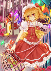 Rule 34 | 2girls, ascot, back-to-back, birdcage, blonde hair, bow, cage, chain, cloud, cloudy sky, crack, crystal, cuffs, curtains, doll, flandre scarlet, flower, frilled shirt, frilled skirt, frills, full moon, hat, highres, hongmao, knife, mob cap, moon, multiple girls, needle, night, patch, pink flower, pink ribbon, pink rose, red eyes, red flower, red hair, red moon, red rose, red skirt, ribbon, rose, shirt, short hair, short sleeves, side ponytail, sitting, skirt, skull, sky, smile, stab, star (sky), stone floor, stuffed animal, stuffed rabbit, stuffed toy, touhou, toy, toy bunny, wings