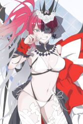 Rule 34 | 1girl, baobhan sith (fate), baobhan sith (swimsuit pretender) (fate), bikini, breasts, bridal gauntlets, detached collar, earrings, fate/grand order, fate (series), flower, grey eyes, hair flower, hair ornament, hand on own cheek, hand on own face, highres, jewelry, looking at viewer, medium breasts, navel, pink hair, pointy ears, rose, side ponytail, sidelocks, single earring, smile, solo, swimsuit, tarou atarime, thighhighs, thighs, tiara, veil, white bikini, white flower, white rose, white thighhighs