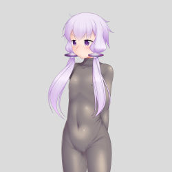 Rule 34 | &gt;:|, 1girl, :|, arms behind back, blush, bodysuit, closed mouth, collarbone, covered navel, cowboy shot, expressionless, eyelashes, grey background, hair tubes, highres, kuroimori99, long hair, low twintails, purple eyes, purple hair, simple background, skin tight, solo, twintails, v-shaped eyebrows, vocaloid, voiceroid, yuzuki yukari