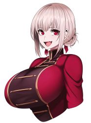 Rule 34 | 1girl, absurdres, breasts, eyebrows, fang, fate/grand order, fate (series), florence nightingale (fate), highres, huge breasts, hz (666v), military, military uniform, open mouth, pink hair, ponytail, red eyes, skin fang, smile, triangle mouth, uniform, upper body, white background