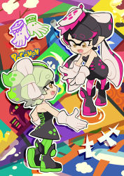 Rule 34 | + +, 2girls, ankle boots, arm around waist, black dress, black footwear, black hair, black jumpsuit, boots, brown eyes, callie (splatoon), character cutout, chibi, copyright name, cousins, creatures (company), detached collar, dress, fangs, food, food on head, foreshortening, game freak, gomipomi, green legwear, grey hair, inkling, jumpsuit, long hair, looking at another, marie (splatoon), mole, mole under eye, multicolored background, multiple girls, nintendo, object on head, open mouth, pantyhose, pointy ears, pokemon, reaching, short dress, short hair, short jumpsuit, side-by-side, smile, splatoon (series), splatoon 1, standing, strapless, strapless dress, sushi, tentacle hair