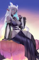 Rule 34 | 1girl, absurdres, arm support, blue eyes, breasts, commission, detached sleeves, feet out of frame, grey hair, hair between eyes, high heels, highres, horns, indie virtual youtuber, leotard, lips, long hair, looking at viewer, maeve (vtuber), maewix, maewix (artist), multiple horns, nose, over-kneehighs, parted lips, pointy ears, sitting, solo, teeth, thigh strap, thighhighs, very long hair, virtual youtuber