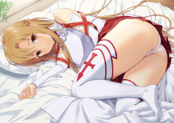 Rule 34 | 1girl, armor, ass, asuna (sao), bed sheet, blush, braid, breastplate, brown eyes, brown hair, closed mouth, detached sleeves, feet, indoors, long hair, long sleeves, lying, miniskirt, n.g., no shoes, on bed, on side, panties, pantyshot, pillow, pleated skirt, red skirt, skirt, smile, solo, sword art online, thighhighs, underwear, upskirt, white panties, white thighhighs