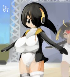 Rule 34 | 2girls, a-pose, black eyes, black hair, black jacket, blonde hair, breasts, commentary request, cowboy shot, emperor penguin (kemono friends), hair between eyes, hair over one eye, headphones, highres, jacket, kemono friends, large breasts, lets0020, long bangs, looking at viewer, multicolored hair, multiple girls, numbered, one-piece swimsuit, open clothes, open jacket, open mouth, orange hair, painterly, red hair, rockhopper penguin (kemono friends), short hair, smile, solo focus, stage, streaked hair, swimsuit, thighhighs, white one-piece swimsuit, white thighhighs