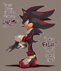 Rule 34 | artist name, brown background, cylent nite, english text, from side, furry, furry male, gloves, gun, holding, holding gun, holding weapon, outline, red eyes, shadow the hedgehog, shoes, simple background, solo, sonic (series), watermark, weapon, white gloves, white outline
