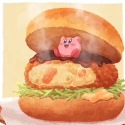 Rule 34 | :d, blush stickers, burger, food, food focus, kirby, kirby (series), lettuce, meat, miclot, nintendo, no humans, open mouth, sauce, smile, steam