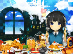 Rule 34 | 1girl, apple, bad id, bad pixiv id, balloon, beamed quavers, black hair, blue eyes, blush, cake, cloud, cookie, crescent moon, day, eyebrows, flower, food, fruit, happy, heart-shaped food, holding, horns, jar, moon, musical note, necktie, pastry, quaver, seiju natsumegu, short hair, silhouette, smile, solo, stick figure, strawberry, sweets, teapot, window