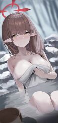 Rule 34 | 1girl, absurdres, blue archive, blurry, blurry background, blush, breasts, brown hair, bucket, chinatsu (blue archive), cleavage, collarbone, commentary request, hair over shoulder, halo, highres, knees up, large breasts, looking at viewer, n8 (buse1601), onsen, outdoors, partially submerged, pointy ears, rock, sitting, smile, solo, water drop, wooden bucket