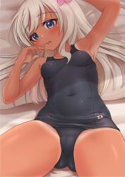 Rule 34 | 1girl, absurdres, bed, bed sheet, black one-piece swimsuit, blue eyes, blue one-piece swimsuit, breasts, cameltoe, covered navel, flower, gluteal fold, hair flower, hair ornament, highres, kantai collection, long hair, looking at viewer, lying, makura (y makura), name tag, old school swimsuit, on back, on bed, one-piece swimsuit, one-piece tan, open mouth, pillow, ro-500 (kancolle), school swimsuit, small breasts, solo, swimsuit, swimsuit under clothes, tan, tanline