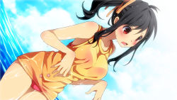 Rule 34 | 1girl, :o, ahoge, ayumi (sakura beach), bare shoulders, black hair, blush, bra, breasts, cloud, collarbone, cowboy shot, day, dutch angle, embarrassed, female focus, flipped hair, from side, game cg, hair ribbon, inma, looking down, no pants, ocean, open mouth, outdoors, panties, parted bangs, pink bra, pink panties, red eyes, ribbon, sakura beach, see-through, side ponytail, sidelocks, sky, solo, standing, star (symbol), star print, striped, surprised, tank top, thighs, underwear, water, wet, wet clothes, winged cloud