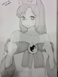 Rule 34 | 1girl, animal ear fluff, animal ears, bare shoulders, blush, breasts, cleavage, closed mouth, dated, dress, embarrassed, gem, greyscale, highres, imaizumi kagerou, long sleeves, looking at viewer, marker (medium), monochrome, photo (medium), poronegi, signature, solo, sweatdrop, touhou, traditional media, undressing, upper body, wide sleeves, wolf ears