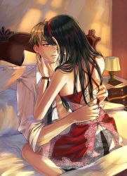 Rule 34 | 1boy, 1girl, back, bed, bed sheet, bedroom, black hair, black panties, blonde hair, blouse, blue eyes, book, couple, earrings, face-to-face, from behind, gold earrings, hairband, henoopd, hetero, highres, husband and wife, imminent kiss, jewelry, lamp, lingerie, long hair, loose necktie, nail polish, necktie, negligee, on bed, open clothes, open shirt, panties, parted lips, pillow, red hairband, red nails, shirt, short hair, spy x family, straddling, straight hair, torso grab, twilight (spy x family), underwear, yor briar