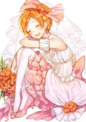 Rule 34 | 1girl, ^ ^, armband, blush, bouquet, bow, bridal veil, closed eyes, crossed ankles, dated, dress, earrings, elbow on knee, closed eyes, flower, frilled armband, frills, hair bow, hair flower, hair ornament, happy birthday, high heels, highres, holding, holding bouquet, hoshizora rin, jewelry, knees up, layered dress, love live!, love live! school idol festival, love live! school idol project, love wing bell, open mouth, orange hair, over-kneehighs, pink footwear, sash, short hair, simple background, sitting, smile, solo, sudach koppe, thighhighs, veil, white background, white thighhighs