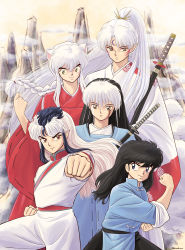 Rule 34 | 5boys, absurdres, alternate hairstyle, black eyes, black hair, braid, braided ponytail, brothers, brown eyes, chinese clothes, clenched hand, cloud, creator connection, crescent, crossover, facial mark, forehead mark, hair down, hairstyle switch, hand up, herb (ranma 1/2), high ponytail, highres, inuyasha, inuyasha (character), japanese clothes, katana, kimono, long hair, looking at viewer, male focus, mao (mao), mao (takahashi rumiko), mountain, multicolored hair, multiple boys, multiple crossover, outstretched arm, pants, pointy ears, ponytail, ranma 1/2, red eyes, ribbon-trimmed sleeves, ribbon trim, ruffling hair, saotome ranma, sash, scar, scar on face, sesshoumaru, shinkan, siblings, sidelocks, single braid, sleeves rolled up, smile, sword, two-tone hair, very long hair, weapon, white hair, yellow eyes