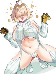 Rule 34 | 1girl, absurdres, ahoge, alternate costume, black gloves, blonde hair, blush, breasts, cable knit, cameltoe, commentary, detached sleeves, dutch angle, elegg (nikke), english commentary, full body, garter straps, gloves, gluteal fold, goddess of victory: nikke, hair between eyes, hair intakes, hair over eyes, heart, heart ahoge, heart in mouth, highres, krystial (vtuber) (artist), large breasts, long bangs, meme attire, navel, open mouth, panties, short hair, simple background, solo, squatting, striped clothes, striped panties, striped thighhighs, thighhighs, two-tone gloves, underwear, vertical-striped clothes, vertical-striped sleeves, vertical-striped sweater, vertical-striped thighhighs, virgin destroyer sweater, white background, white panties, yellow gloves