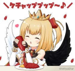 Rule 34 | 1girl, ^ ^, asymmetrical wings, bare shoulders, black gloves, black shirt, black wings, blonde hair, blush, bottle, bow, closed eyes, collared shirt, commentary request, crown, detached sleeves, facing viewer, feathered wings, fingerless gloves, food, gloves, hair bow, hands up, holding, holding bottle, ketchup, ketchup bottle, long sleeves, marl (shironeko project), mismatched wings, mitya, omelet, omurice, one side up, parted lips, plate, red bow, shironeko project, shirt, simple background, sleeveless, sleeveless shirt, sleeves past wrists, solo, translation request, twitter username, upper body, white background, white sleeves, white wings, wings