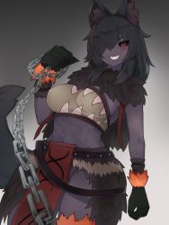 Rule 34 | 1girl, abs, animal ear fluff, animal ears, animal hands, black hair, black sclera, black scrunchie, black skin, breasts, chain, colored sclera, colored skin, commission, dark-skinned female, dark skin, dog ears, dog tail, eyes visible through hair, fangs, fur collar, gradient background, grey background, grin, hair over one eye, hellhound (monster girl encyclopedia), highres, large breasts, loincloth, long hair, midriff, monster girl, monster girl encyclopedia, muscular, muscular female, one eye covered, pelvic curtain, red eyes, revealing clothes, scrunchie, simple background, skeb commission, smile, solo, tail, teeth, yonaga san
