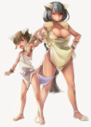 Rule 34 | 10s, 2girls, age difference, animal ears, anklet, bare legs, black hair, bob cut, braid, breasts, child, claws, cleavage, creatures (company), dark-skinned female, dark skin, fangs, game freak, gen 1 pokemon, hand on own hip, high heels, horns, jewelry, kangaskhan, large breasts, loincloth, long hair, mega kangaskhan, mega pokemon, mother and daughter, multiple girls, naso4, nintendo, open mouth, personification, pokemon, pokemon xy, ponytail, red eyes, sandals, short hair, simple background, single braid, smile, smirk, standing, tail, very long hair, white background, wrist cuffs