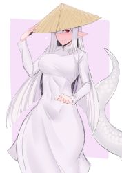 Rule 34 | 1girl, absurdres, adjusting clothes, adjusting headwear, breasts, closed mouth, commentary, dress, english commentary, hat, heart, highres, lamia, large breasts, long dress, long hair, long sleeves, monster girl, monster girl encyclopedia, one eye covered, pointy ears, red eyes, scales, shirohebi (monster girl encyclopedia), smile, solo, stormcow, straight hair, tail, vietnamese dress, white dress, white hair