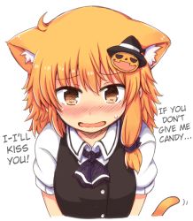 Rule 34 | 1girl, animal ears, ascot, black dress, blonde hair, blush, brown eyes, cat ears, cat tail, dress, hair ornament, hairclip, halloween, hard-translated, hat, jack-o&#039;-lantern, kemonomimi mode, kirisame marisa, lock heart (juuryokudou), no headwear, open mouth, puffy sleeves, shirt, short sleeves, simple background, solo, tail, third-party edit, touhou, translated, white background, witch hat