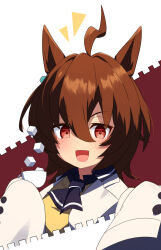 Rule 34 | 1girl, agnes tachyon (umamusume), ahoge, animal ears, ascot, black ascot, brown hair, coat, cup, earrings, hair between eyes, hakusai o m t, holding, holding cup, horse ears, horse girl, jewelry, lab coat, looking at viewer, open mouth, red background, red eyes, short hair, single earring, sleeves past fingers, sleeves past wrists, smile, solo, sugar cube, sweater vest, tea, teacup, two-tone background, umamusume, very long sleeves, white background, white coat, yellow sweater vest