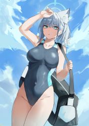 Rule 34 | 05ghxsu, 1girl, absurdres, animal ear fluff, animal ears, bag, blue archive, blue eyes, blue one-piece swimsuit, blue sky, breasts, cloud, competition swimsuit, covered navel, cowboy shot, cross hair ornament, extra ears, grey hair, grey one-piece swimsuit, hair ornament, halo, highres, looking at viewer, low ponytail, medium breasts, medium hair, mismatched pupils, multicolored clothes, multicolored swimsuit, one-piece swimsuit, shiroko (blue archive), shiroko (swimsuit) (blue archive), sky, solo, swimsuit
