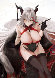 Rule 34 | 1girl, aegir (azur lane), aegir (golden dragon among auspicious clouds) (azur lane), azur lane, black gloves, black horns, black thighhighs, breasts, calligraphy brush, chinese clothes, covered navel, criss-cross halter, demon horns, feather boa, framed breasts, from above, gloves, green eyes, grey hair, halterneck, hand up, highres, holding, holding brush, holding paintbrush, horn ornament, horns, large breasts, long hair, multicolored hair, nagi-kaze, official alternate costume, paintbrush, red hair, revealing clothes, sideless outfit, sitting, streaked hair, thighhighs
