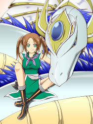 Rule 34 | 1girl, boots, brown hair, china dress, chinese clothes, chunsoft, dragon, dragon quest, dragon quest iii, dress, eastern dragon, enix, fighter (dq3), fingerless gloves, gloves, green eyes, hair ribbon, highres, kairyuuha, ribbon, scarf, short twintails, smile, twintails