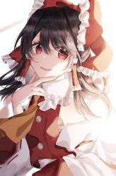 Rule 34 | 1girl, ascot, bare shoulders, black hair, bow, brown ascot, collared shirt, commentary request, detached sleeves, eyes visible through hair, frills, hair between eyes, hair ornament, hair tubes, hakurei reimu, hand on own face, hand up, highres, long sleeves, looking to the side, medium hair, open mouth, red bow, red eyes, red skirt, red vest, shirt, simple background, skirt, smile, solo, standing, touhou, tsuyuji shigure, vest, white background, white shirt, wide sleeves
