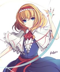Rule 34 | 1girl, alice margatroid, ascot, bad id, bad pixiv id, blonde hair, blue dress, blue eyes, capelet, character name, dress, faefaea, hairband, hand up, light smile, lolita hairband, looking at viewer, open hand, puppet rings, puppet strings, ring, sash, short hair, simple background, solo, touhou, white background