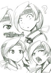 Rule 34 | 10s, 1girl, ?, aircraft, airplane, chitose (kancolle), expressions, green theme, headband, hetza (hellshock), kantai collection, monochrome, multiple views, open mouth, personification, ponytail, sweatdrop, turret