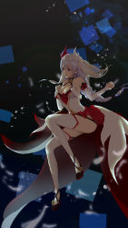 Rule 34 | 1girl, bare shoulders, black footwear, blue eyes, breasts, cleavage, closed mouth, dress, feathers, full body, highres, honkai (series), honkai impact 3rd, long hair, side ponytail, sleeveless, sleeveless dress, solo, taichi (yirkorn), theresa apocalypse, theresa apocalypse (celestial hymn), thighhighs, white dress, white hair, white sleeves, white thighhighs