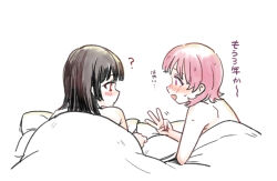 Rule 34 | ..., 2girls, ?, aftersex, asumi-chan wa rezu fuuzoku ni kyoumi ga arimasu!, black hair, blanket, blush, check commentary, closed mouth, commentary, commentary request, itsuki kuro, kusumoto asumi, long hair, looking at another, lying, medium hair, motion lines, multiple girls, nude, official art, on pillow, on stomach, ookura nanao, open mouth, pillow, pink eyes, pink hair, red eyes, sweat, translated, white background, yuri