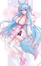 Rule 34 | 1girl, absurdres, ahoge, animal ear fluff, animal ears, bandaid, bandaid on thigh, blue eyes, blue hair, blue tail, breasts, can, cleavage, collar, detached sleeves, dress, drink can, fang, garter straps, hair ornament, hair ribbon, heart, heart hair ornament, highres, large breasts, long hair, looking at viewer, multicolored hair, multicolored tail, open mouth, pink bandaid, pink collar, pink footwear, pink garter straps, pink hair, pink ribbon, pink skirt, pink tail, ribbon, saga666, second-party source, shoes, silvervale, skirt, soda can, streaked hair, tail, thigh strap, thighhighs, virtual youtuber, vshojo, white dress, white sleeves, white thighhighs, wolf ears, wolf girl, wolf tail
