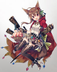 Rule 34 | 1girl, :d, ahoge, animal ears, bad id, bad pixiv id, basket, belt, belt buckle, black belt, black thighhighs, blush, boots, bottle, bread, brown footwear, brown gloves, brown hair, brown skirt, buckle, cape, commentary request, crystal, fang, flower, food, gloves, gradient background, green ribbon, grey background, grey flower, gun, hair between eyes, hair flower, hair ornament, hairclip, high heel boots, high heels, holding, holding basket, hood, hood down, hooded cape, ikeuchi tanuma, little red riding hood, little red riding hood (grimm), long hair, musket, open mouth, original, partially fingerless gloves, plaid, plaid skirt, pleated skirt, purple eyes, red cape, red flower, ribbon, shirt, skirt, smile, solo, striped ribbon, tail, thighhighs, v-shaped eyebrows, weapon, white background, white shirt, wine bottle, wolf ears, wolf girl, wolf tail