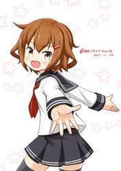 Rule 34 | 1girl, black sailor collar, black skirt, black thighhighs, brown eyes, brown hair, closed eyes, cowboy shot, dated, fang, greyscale, hair ornament, hairclip, ikazuchi (kancolle), kantai collection, looking at viewer, masara (chuujou), monochrome, neckerchief, open mouth, pleated skirt, red neckerchief, sailor collar, school uniform, serafuku, short hair, skirt, smile, solo, star (symbol), starry background, thighhighs, twitter username, white background