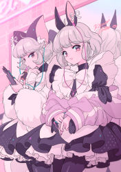 Rule 34 | 2girls, absurdres, animal ears, black dress, black pantyhose, bow, cellphone, dress, earphones, frilled dress, frills, highres, jacket, kisumi rei, lipstick, maid, makeup, multiple girls, nail polish, original, pantyhose, phone, pink eyes, rabbit ears, reflection, ribbon, short hair, smartphone, standing, white hair