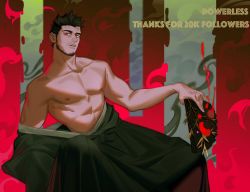 Rule 34 | 1boy, abs, bara, bare pectorals, beard, black hair, black kimono, facial hair, feet out of frame, fire, hakama, hakama short skirt, hakama skirt, hand fan, highres, holding, holding fan, japanese clothes, kimono, large pectorals, leaning to the side, male focus, milestone celebration, muscular, muscular male, nipples, open clothes, open kimono, original, pectorals, pink fire, powerlesssong, red eyes, short hair, skirt, solo, stomach, undressing