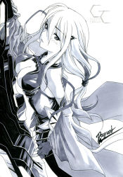 Rule 34 | 10s, 1girl, bare shoulders, breasts, center opening, cleavage, detached sleeves, elbow gloves, fingerless gloves, gloves, guilty crown, hair ornament, hairclip, long hair, looking at viewer, monochrome, navel, open mouth, raynart, solo, thighhighs, twintails, void (guilty crown), yuzuriha inori