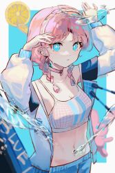 Rule 34 | 1girl, arknights, blue background, blue eyes, blue nails, blue poison (arknights), blue poison (shoal beat) (arknights), blue shorts, blurry, blurry background, blurry foreground, border, braid, choker, commentary, dart, food, fruit, hands up, highres, jacket, lemon, lemon slice, long sleeves, looking at viewer, midriff, nail polish, official alternate costume, open clothes, open jacket, parted lips, pink choker, pink hair, pink sports bra, sakiyo, shorts, simple background, solo, sports bra, twin braids, upper body, water, white background, white jacket, white sports bra