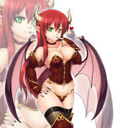 Rule 34 | 1girl, bare shoulders, black nails, black thighhighs, boots, breasts, brown gloves, choker, cleavage, closed mouth, collarbone, commentary, corset, cross-laced clothes, demon girl, demon horns, demon wings, elbow gloves, english commentary, female focus, finger to mouth, fingerless gloves, gloves, gold trim, green eyes, hair between eyes, halftone, halftone background, hand on own hip, hand up, heart, highres, horns, index finger raised, large breasts, legs, long hair, looking at viewer, midriff, nail polish, navel, neck, original, panties, pointy ears, red hair, revealing clothes, signature, simple background, smile, solo, standing, strapless, thighhighs, thighhighs under boots, underwear, white background, wings, zeshgolden, zoom layer