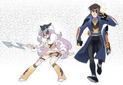 Rule 34 | 1boy, 1girl, alternate costume, anabel (pokemon), black eyes, blue coat, bright pupils, closed mouth, coat, commentary request, cosplay, creatures (company), frown, game freak, gen 2 pokemon, gloves, hand up, holding, holding polearm, holding weapon, leg warmers, legendary pokemon, long hair, looker (pokemon), nintendo, open clothes, open coat, pants, pokemon, pokemon dppt, pokemon platinum, pokemon sm, polearm, purple hair, raikou, raikou (cosplay), shaded face, shoes, short hair, spear, standing, thigh strap, vergolophus, walking, weapon, white footwear, white pupils