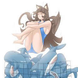 Rule 34 | &gt; &lt;, 1girl, absurdres, animal ear fluff, animal ears, barefoot, blue one-piece swimsuit, breasts, brown hair, brown tail, cat ears, cat girl, closed eyes, highres, holding legs, ikea shark, jumping, long hair, medium breasts, one-piece swimsuit, side bangs, simple background, solo, stuffed animal, stuffed shark, stuffed toy, swimsuit, takie, takie arts, thighs, very long hair, white background