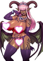 Rule 34 | 1girl, breasts, censored, censored nipples, demon girl, demon tail, demon wings, earrings, elbow gloves, gloves, heart, heart censor, horns, huge breasts, jewelry, kisuu, looking at viewer, navel, navel piercing, original, pendant, piercing, pink hair, pointy ears, purple gloves, purple thighhighs, simple background, smile, solo, standing, tail, thighhighs, white background, wings, yellow eyes