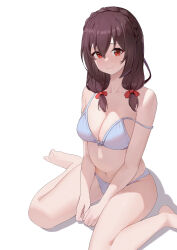 Rule 34 | 1girl, absurdres, alternate costume, bare shoulders, barefoot, between legs, bikini, blush, bow, braid, breasts, brown hair, chinese commentary, cleavage, closed mouth, collarbone, commentary, crown braid, curvy, eyelashes, foot out of frame, hair between eyes, hair bow, hand between legs, highres, kono subarashii sekai ni shukufuku wo!, large breasts, liwen520, long hair, looking at viewer, low-tied long hair, medium hair, navel, red bow, red eyes, sidelocks, simple background, sitting, skindentation, smile, solo, strap slip, swimsuit, thighs, toes, tsurime, v arms, wariza, white background, white bikini, yunyun (konosuba)