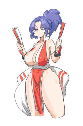 Rule 34 | 1girl, blue eyes, blue hair, breasts, earrings, folded fan, folding fan, hand fan, holding, holding fan, huge breasts, japanese clothes, jewelry, large breasts, leebo (leeboxxx), leona heidern, pelvic curtain, ponytail, revealing clothes, shiranui mai, simple background, solo, the king of fighters, white background