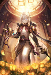 Rule 34 | 1boy, androgynous, armor, blue eyes, chinese armor, chinese clothes, cleavage cutout, closed mouth, clothing cutout, commentary request, fate/grand order, fate (series), flower, hair between eyes, highres, holding, holding mask, holding sword, holding weapon, horned mask, horns, lantern, looking at viewer, male focus, mask, ornament, paper lantern, petals, prince of lan ling (fate), ribbon, sheath, sheathed, short hair, smile, solo, sword, tenyo0819, unworn mask, weapon, white hair, yellow flower